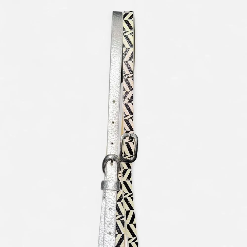 Y2K Madden Girl 2-Pack Skinny Fashion Belts, Silver Metallic and Black Geometric
